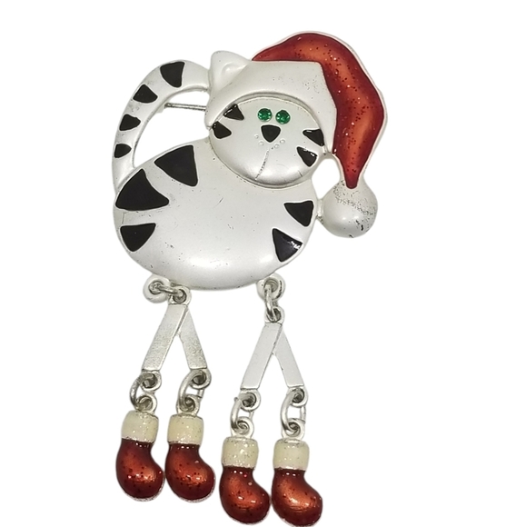 NINA RICCI MATTE SILVERTONE ARTICULATED LEGS CHRISTMAS KITTY BROOCH - Picture 1 of 6